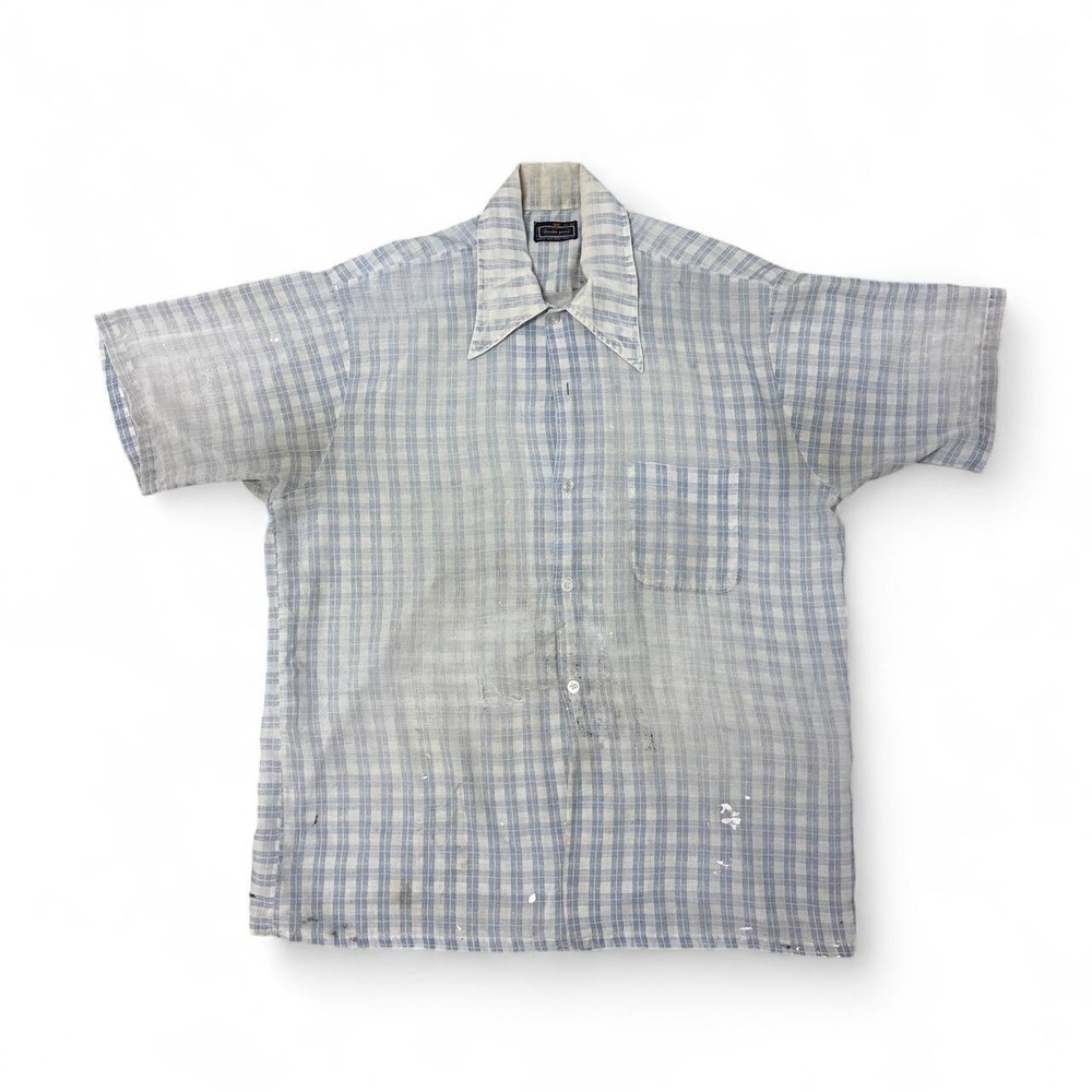 Vintage 60s Faded Thrashed Blue Plaid Button Up Short Sleeve Large